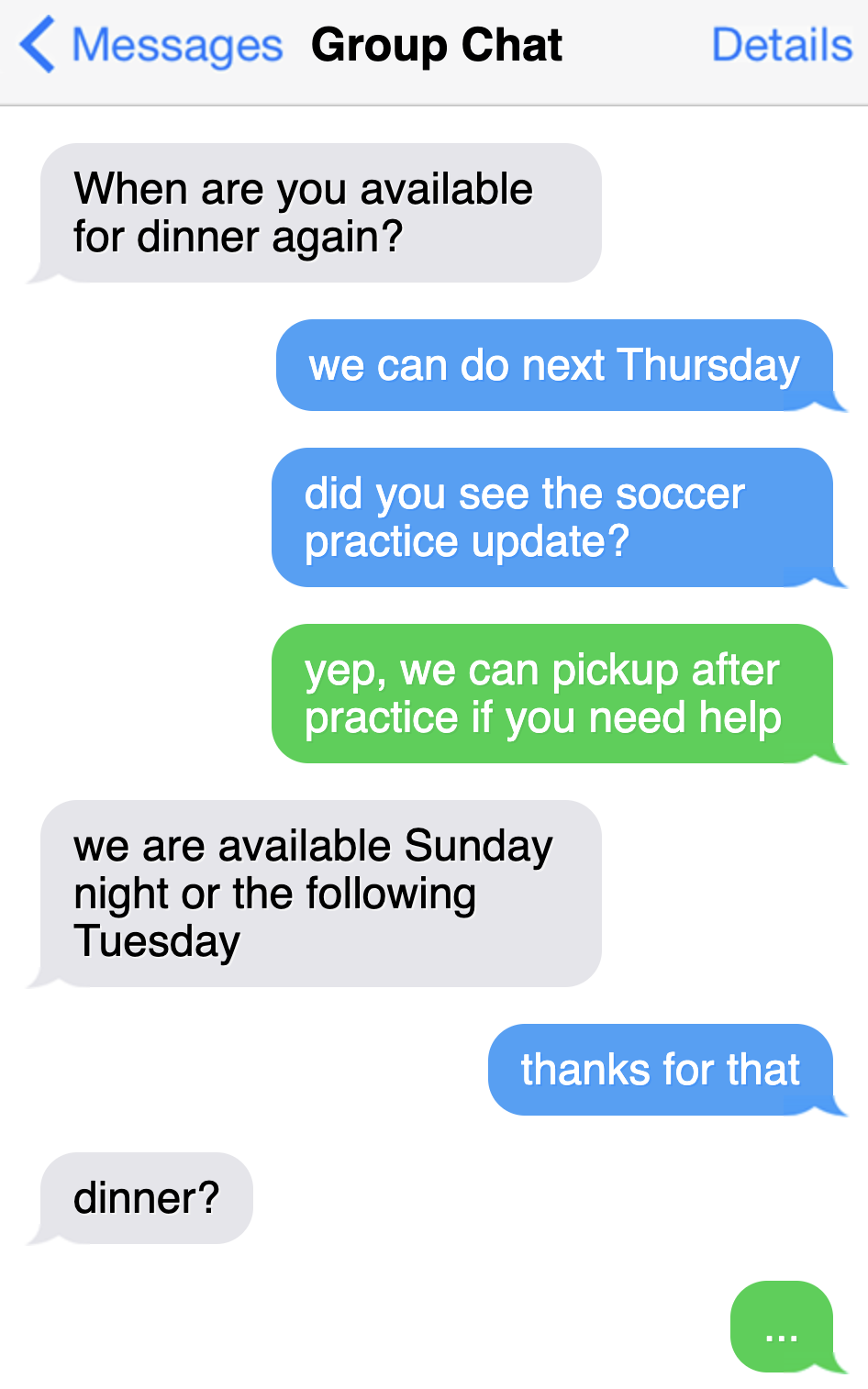 A crowded group chat trying to find dinner availability